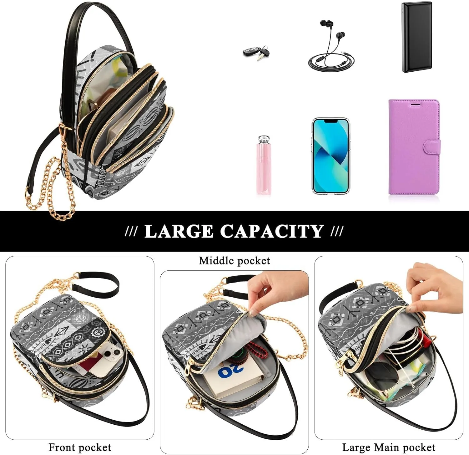Women's Wave Cross Body Chest Bag, 52 inch Gold Chain Shoulder Handbag Purse