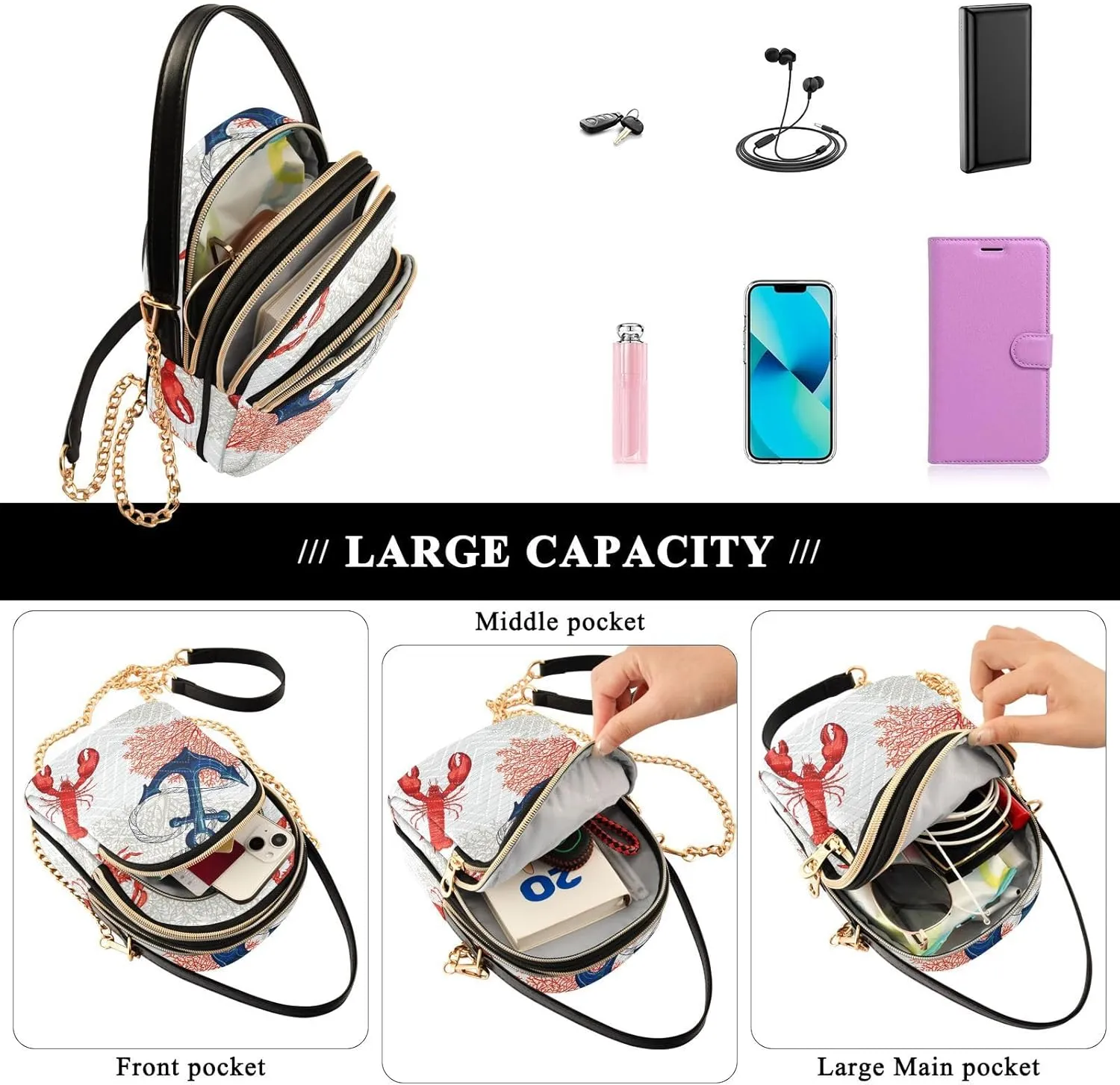 Women's Wave Cross Body Chest Bag, 52 inch Gold Chain Shoulder Handbag Purse