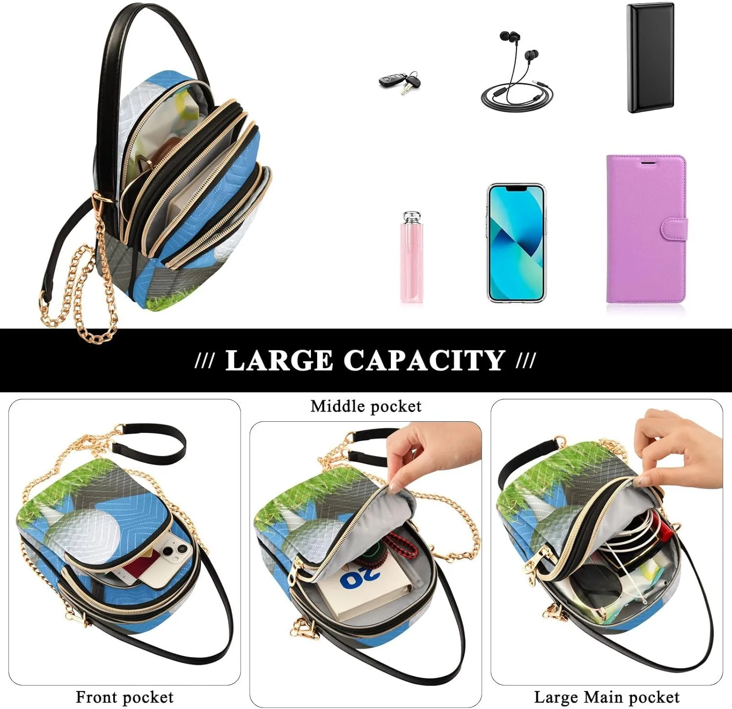 Women's Wave Cross Body Chest Bag, 52 inch Gold Chain Shoulder Handbag Purse