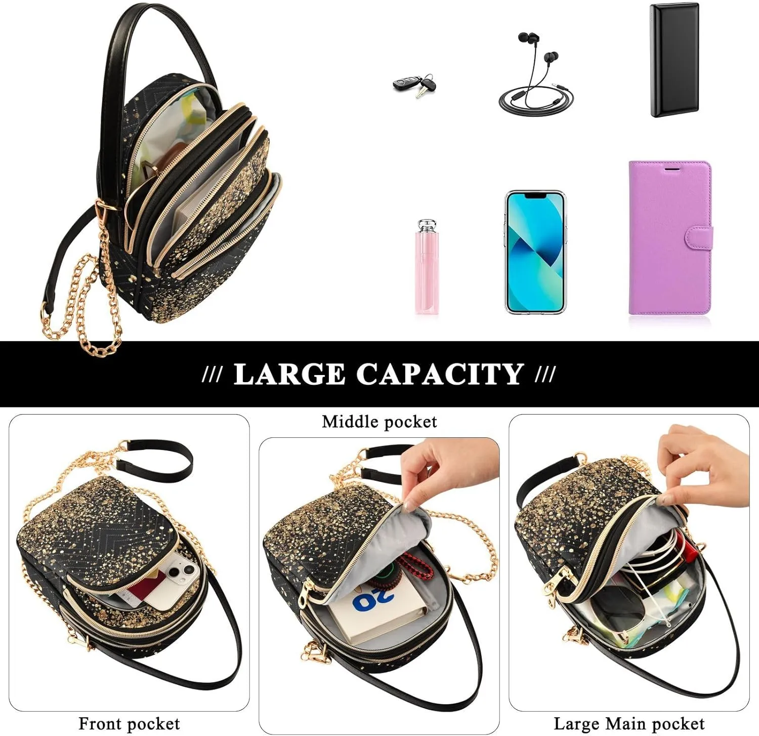 Women's Wave Cross Body Chest Bag, 52 inch Gold Chain Shoulder Handbag Purse