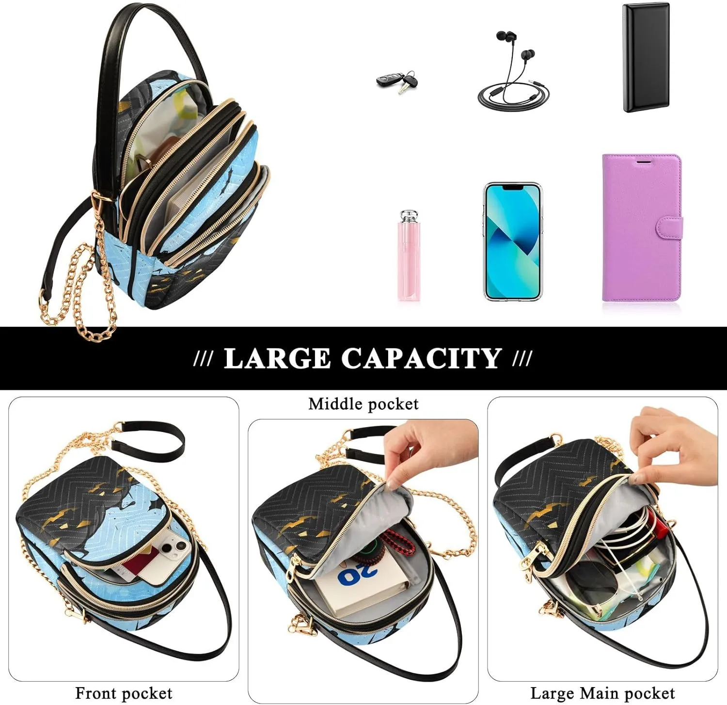 Women's Wave Cross Body Chest Bag, 52 inch Gold Chain Shoulder Handbag Purse