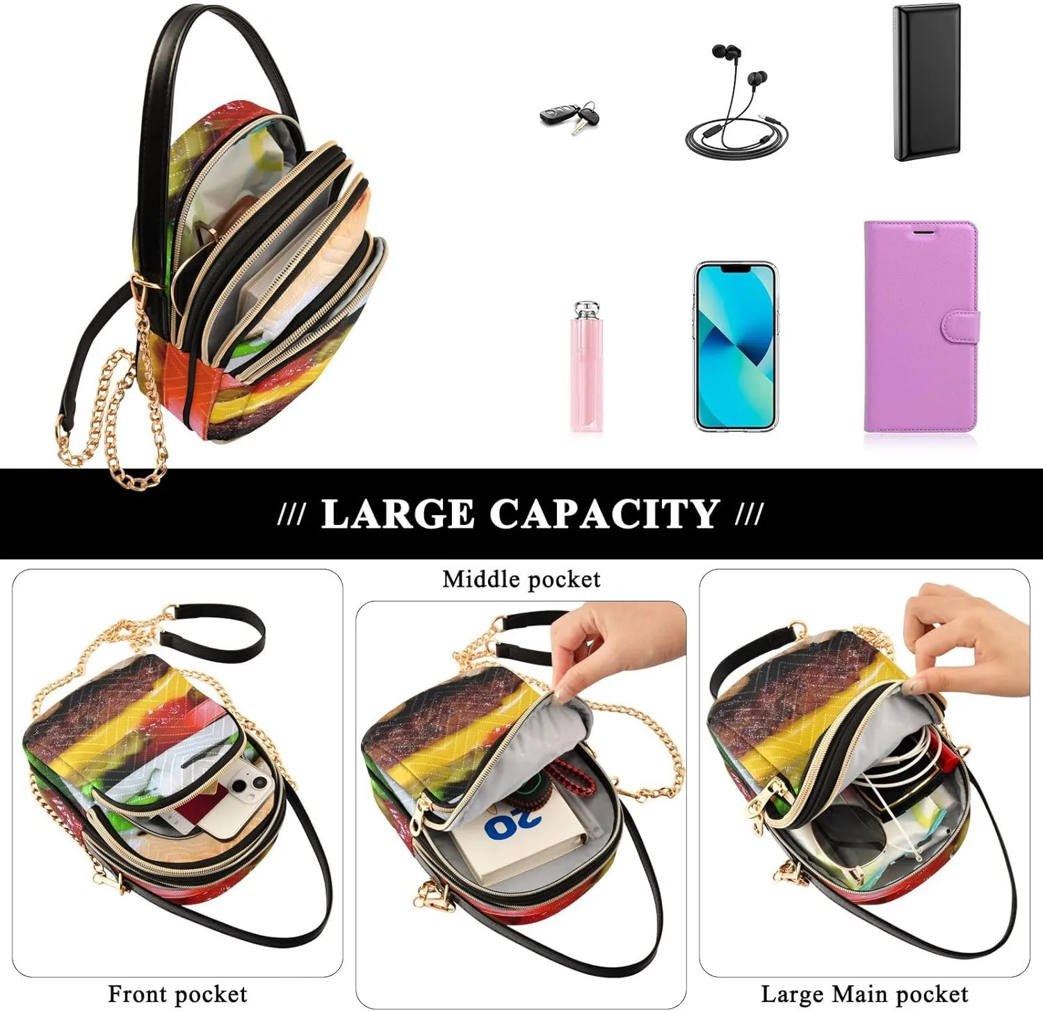 Women's Wave Cross Body Chest Bag, 52 inch Gold Chain Shoulder Handbag Purse