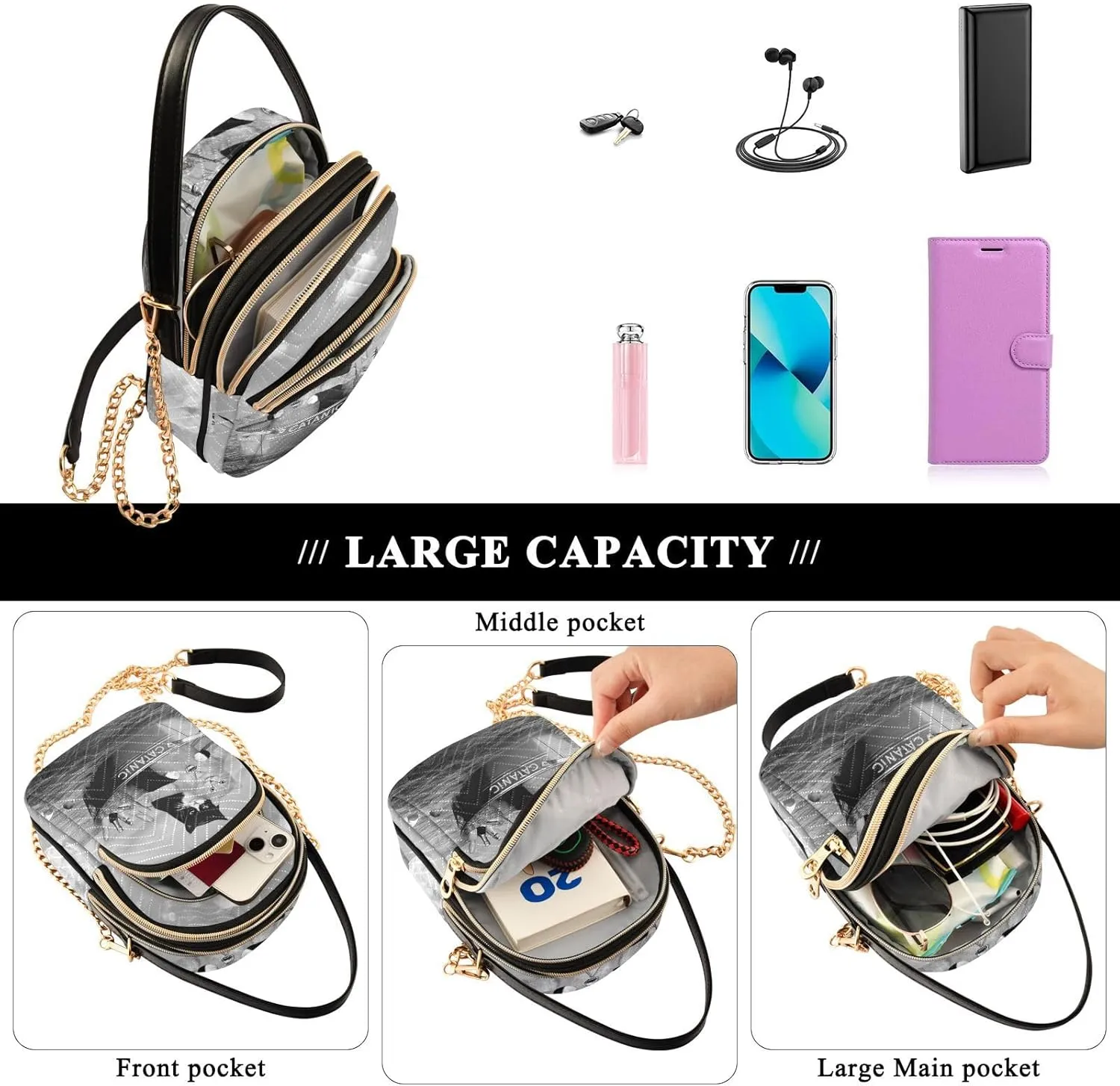 Women's Wave Cross Body Chest Bag, 52 inch Gold Chain Shoulder Handbag Purse