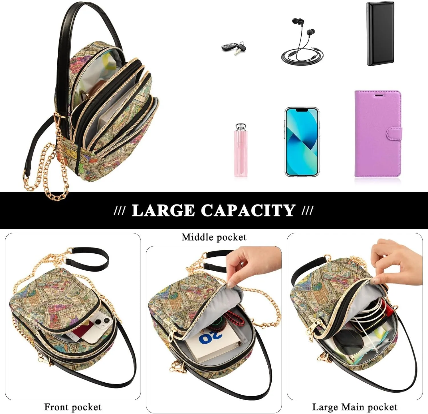 Women's Wave Cross Body Chest Bag, 52 inch Gold Chain Shoulder Handbag Purse