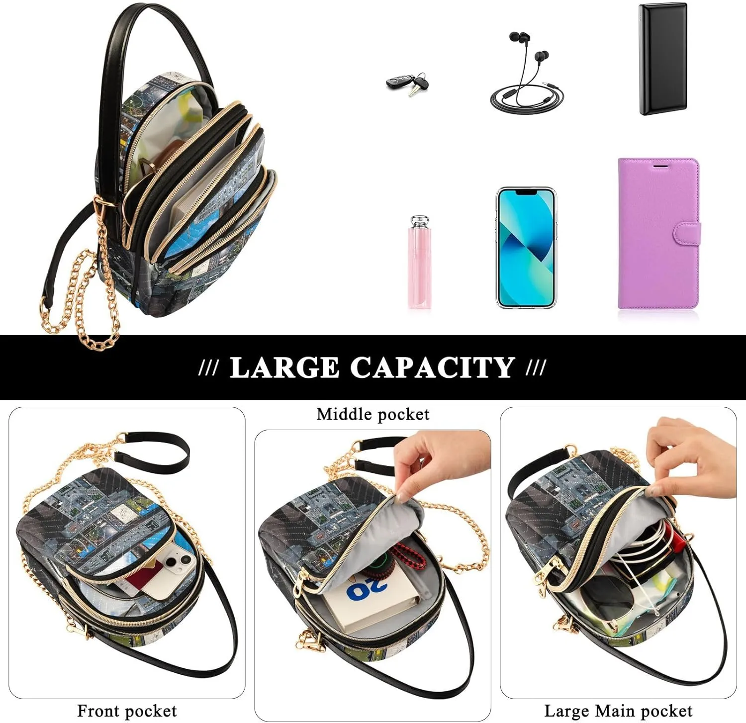 Women's Wave Cross Body Chest Bag, 52 inch Gold Chain Shoulder Handbag Purse