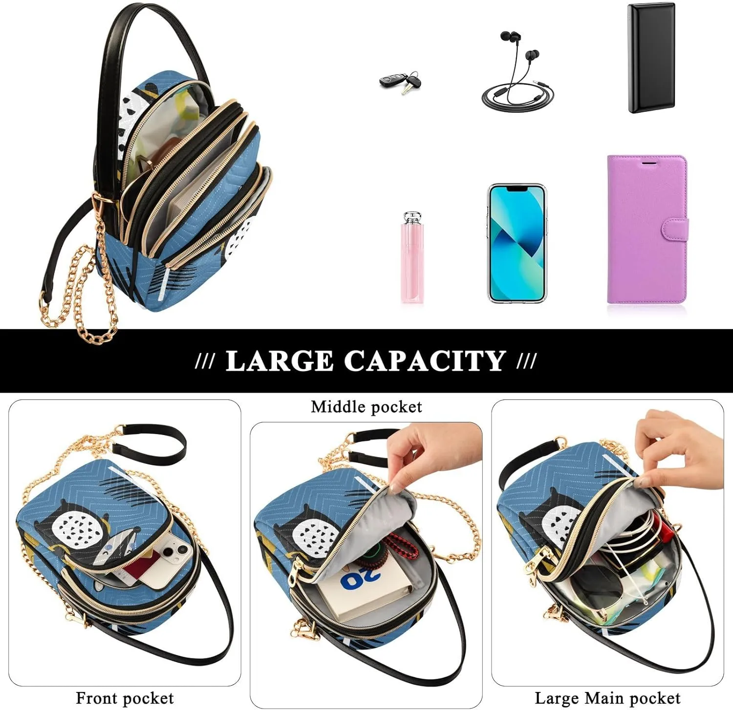 Women's Wave Cross Body Chest Bag, 52 inch Gold Chain Shoulder Handbag Purse