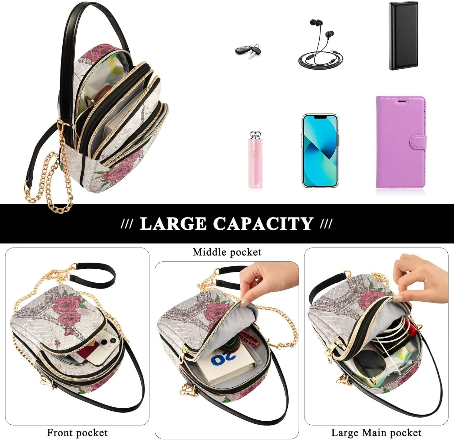 Women's Wave Cross Body Chest Bag, 52 inch Gold Chain Shoulder Handbag Purse
