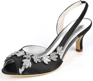 Womens Wedding Shoes Wedding Heels Peep Toe Wedding Shoes for Bride High Heels Slip On Rhinestones Bridal Shoes Satin Evening Party Prom Dress(Black,3 UK)