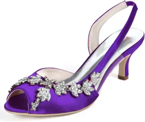 Womens Wedding Shoes Wedding Heels Peep Toe Wedding Shoes for Bride High Heels Slip On Rhinestones Bridal Shoes Satin Evening Party Prom Dress(Dark Purple,7 UK)