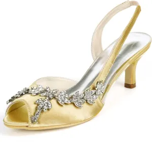 Womens Wedding Shoes Wedding Heels Peep Toe Wedding Shoes for Bride High Heels Slip On Rhinestones Bridal Shoes Satin Evening Party Prom Dress(Gold,4 UK)