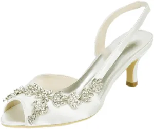 Womens Wedding Shoes Wedding Heels Peep Toe Wedding Shoes for Bride High Heels Slip On Rhinestones Bridal Shoes Satin Evening Party Prom Dress(Ivory,3.5 UK)