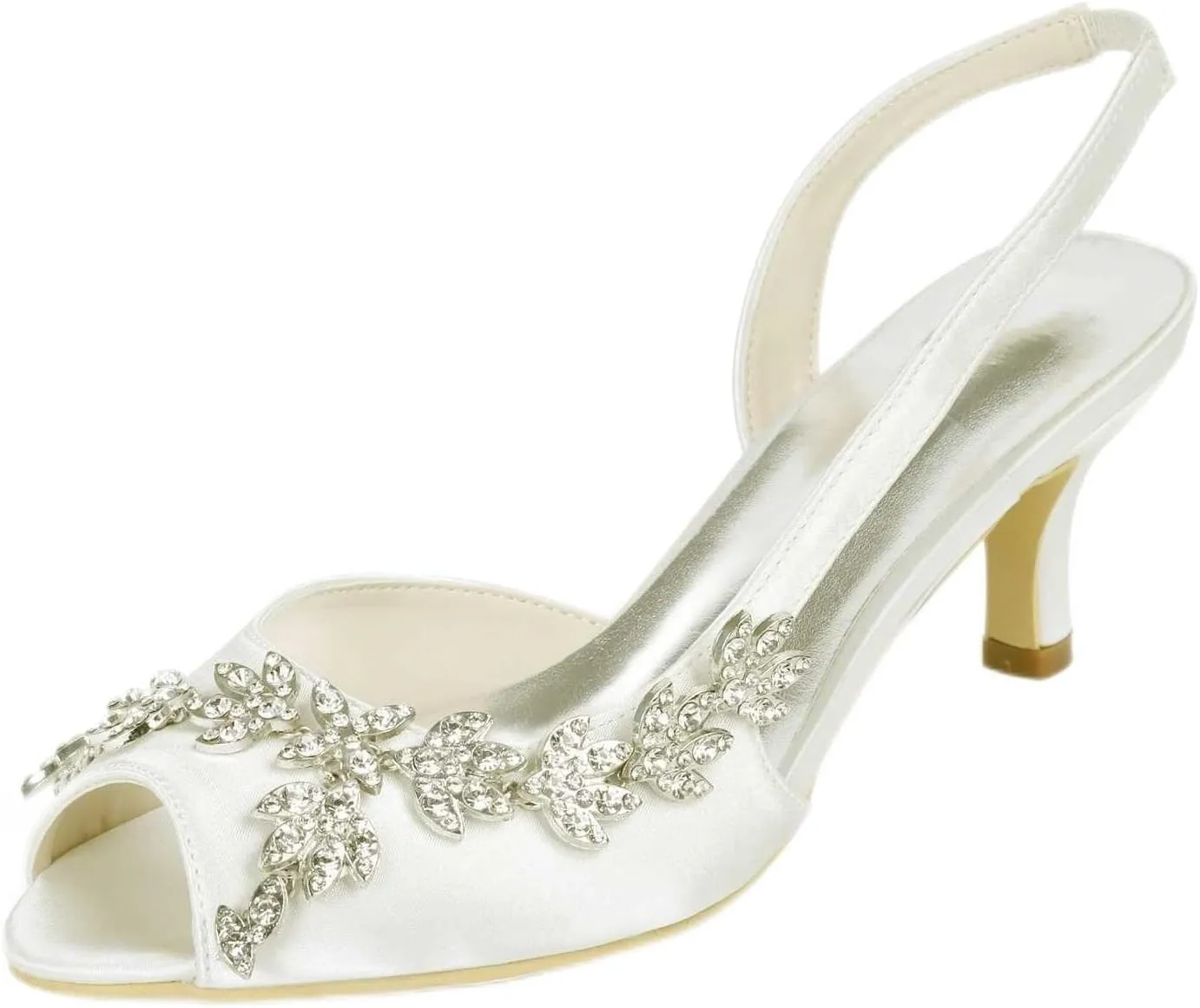 Womens Wedding Shoes Wedding Heels Peep Toe Wedding Shoes for Bride High Heels Slip On Rhinestones Bridal Shoes Satin Evening Party Prom Dress(Ivory,3.5 UK)