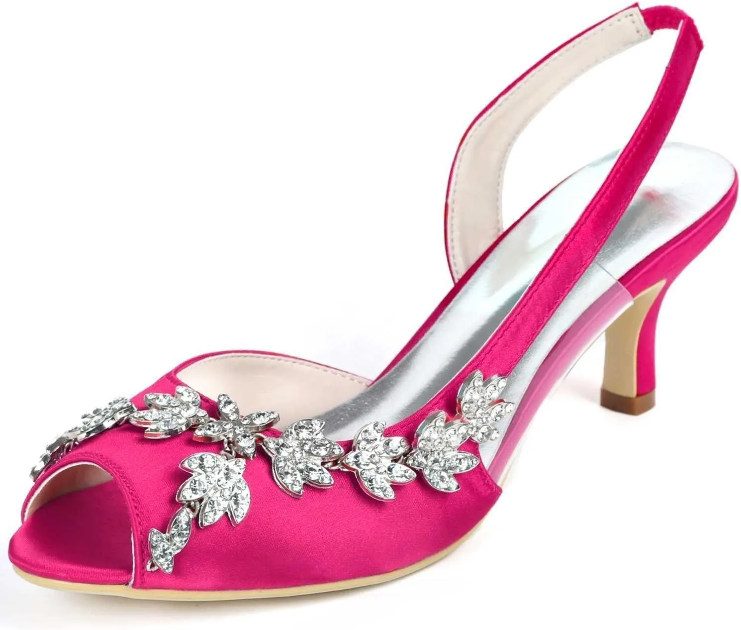 Womens Wedding Shoes Wedding Heels Peep Toe Wedding Shoes for Bride High Heels Slip On Rhinestones Bridal Shoes Satin Evening Party Prom Dress(Rose Red,4.5 UK)