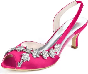 Womens Wedding Shoes Wedding Heels Peep Toe Wedding Shoes for Bride High Heels Slip On Rhinestones Bridal Shoes Satin Evening Party Prom Dress(Rose Red,4.5 UK)