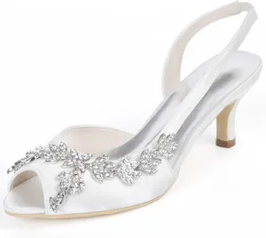 Womens Wedding Shoes Wedding Heels Peep Toe Wedding Shoes for Bride High Heels Slip On Rhinestones Bridal Shoes Satin Evening Party Prom Dress(White,4.5 UK)