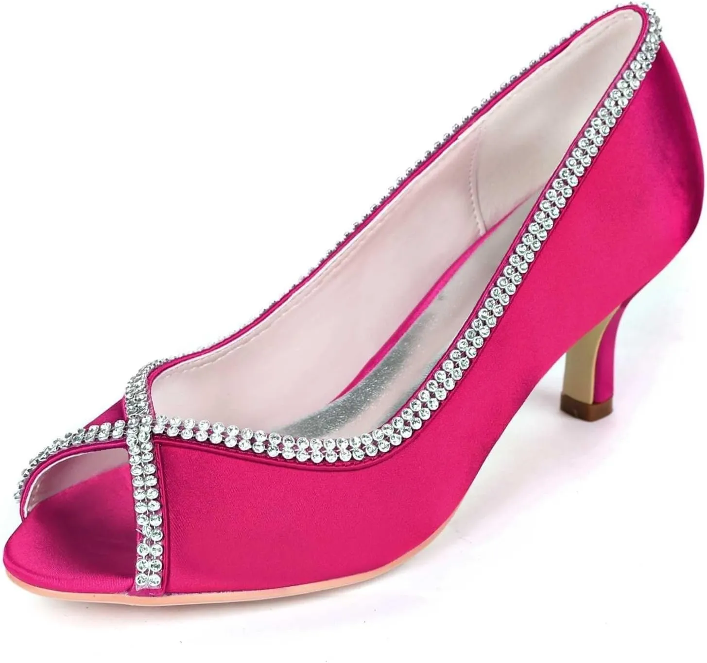 Womens Wedding Shoes Wedding Heels Wedding Shoes for Bride Peep Toe High Heels Slip On Rhinestones Bridal Shoes Satin Evening Party Prom(Rose Red,4 UK)