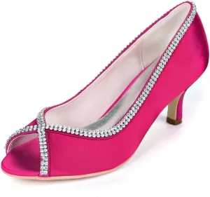 Womens Wedding Shoes Wedding Heels Wedding Shoes for Bride Peep Toe High Heels Slip On Rhinestones Bridal Shoes Satin Evening Party Prom(Rose Red,6 UK)