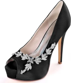 Womens Wedding Shoes Wedding Shoes for Bride High Heel Platform Bridal Shoes Rhinestones Wedding Heels for Women Pumps Satin Evening Party Prom Dress Shoes Dark Purple(Black,3 UK)