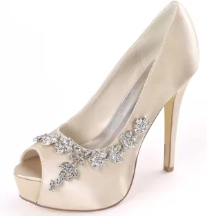Womens Wedding Shoes Wedding Shoes for Bride High Heel Platform Bridal Shoes Rhinestones Wedding Heels for Women Pumps Satin Evening Party Prom Dress Shoes Dark Purple(Champagne,5.5 UK)