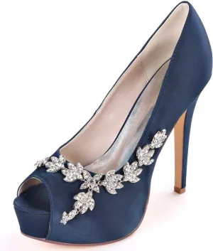 Womens Wedding Shoes Wedding Shoes for Bride High Heel Platform Bridal Shoes Rhinestones Wedding Heels for Women Pumps Satin Evening Party Prom Dress Shoes Dark Purple(Dark Blue,4.5 UK)