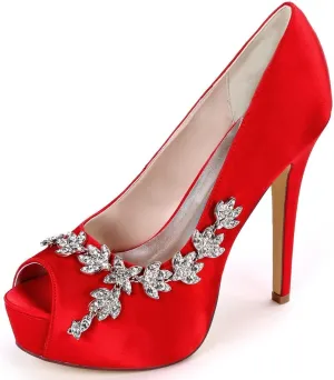 Womens Wedding Shoes Wedding Shoes for Bride High Heel Platform Bridal Shoes Rhinestones Wedding Heels for Women Pumps Satin Evening Party Prom Dress Shoes Dark Purple(Red,5 UK)