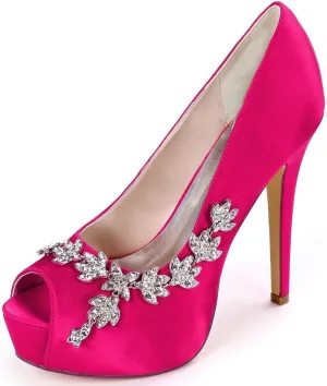 Womens Wedding Shoes Wedding Shoes for Bride High Heel Platform Bridal Shoes Rhinestones Wedding Heels for Women Pumps Satin Evening Party Prom Dress Shoes Dark Purple(Rose Red,5.5 UK)