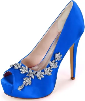 Womens Wedding Shoes Wedding Shoes for Bride High Heel Platform Bridal Shoes Rhinestones Wedding Heels for Women Pumps Satin Evening Party Prom Dress Shoes Dark Purple(Royal Blue,5.5 UK)