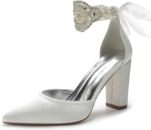 Womens Wedding Shoes Women's High Heel Pearl Pumps Rhinestone Satin Chunky Heels Pointed Toe Fancy Heel Classic Party Wedding Dress Pump Shoes Yellow(Ivory,4.5 UK)