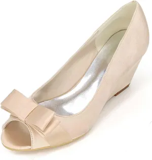 Womens Wedding Shoes Women's Wedding Shoes Peep Toe 2.55 Inches High Heels Satin Wedge Pumps with Slip On Flower Bridal Shoes(Champagne,6.5 UK)