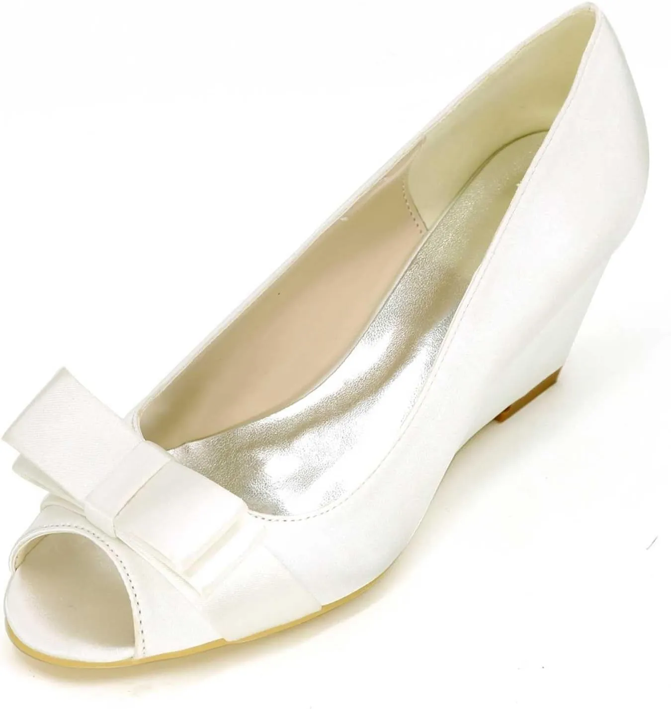 Womens Wedding Shoes Women's Wedding Shoes Peep Toe 2.55 Inches High Heels Satin Wedge Pumps with Slip On Flower Bridal Shoes(Ivory,5 UK)
