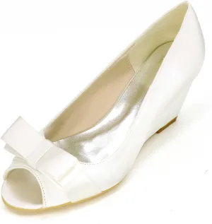 Womens Wedding Shoes Women's Wedding Shoes Peep Toe 2.55 Inches High Heels Satin Wedge Pumps with Slip On Flower Bridal Shoes(Ivory,5 UK)