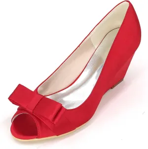 Womens Wedding Shoes Women's Wedding Shoes Peep Toe 2.55 Inches High Heels Satin Wedge Pumps with Slip On Flower Bridal Shoes(Red,6.5 UK)