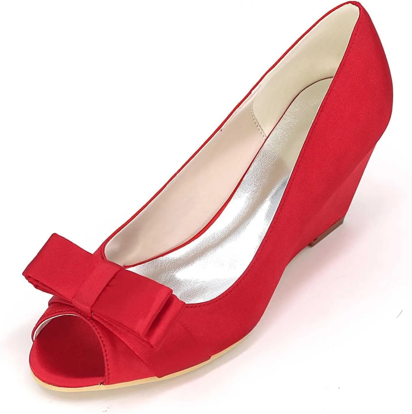 Womens Wedding Shoes Women's Wedding Shoes Peep Toe 2.55 Inches High Heels Satin Wedge Pumps with Slip On Flower Bridal Shoes(Red,6.5 UK)