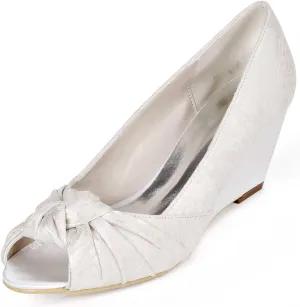 Womens Wedding Shoes Women's Wedges Peep Toe High Heels Sandals Dress Satin Wedding Bride Pumps Shoes Evening Party / 6.5cm/Ivory White(White,6.5 UK)