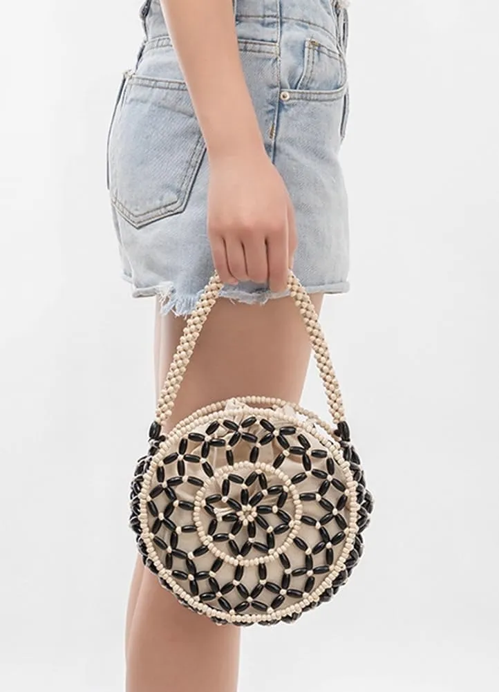Womens Wooden Handbag Handmade Woven Bead Tote Bag Small Hollow Summer Beach Casual Bucket Purse for Vacation