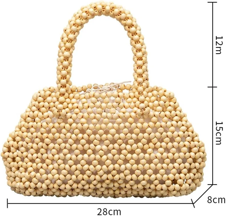 Womens Wooden Handbag Handmade Woven Bead Tote Bag Small Hollow Summer Beach Casual Bucket Purse for Vacation