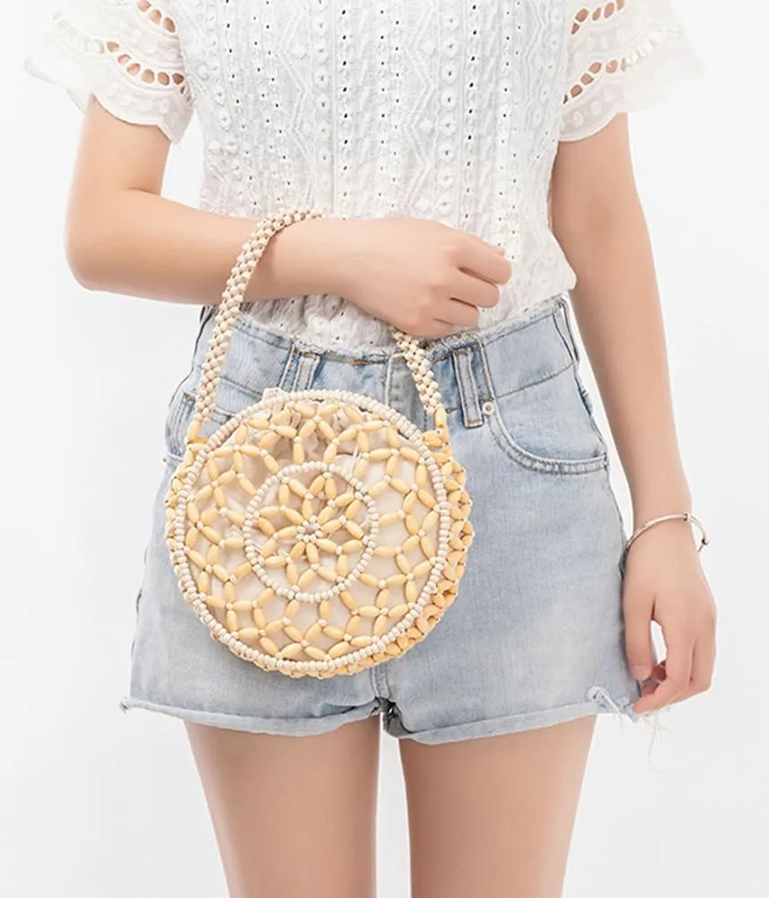 Womens Wooden Handbag Handmade Woven Bead Tote Bag Small Hollow Summer Beach Casual Bucket Purse for Vacation