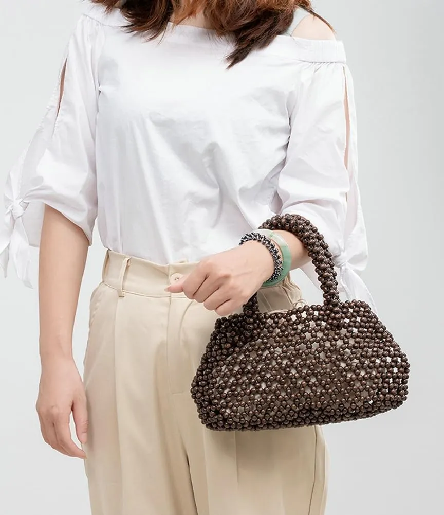 Womens Wooden Handbag Handmade Woven Bead Tote Bag Small Hollow Summer Beach Casual Bucket Purse for Vacation