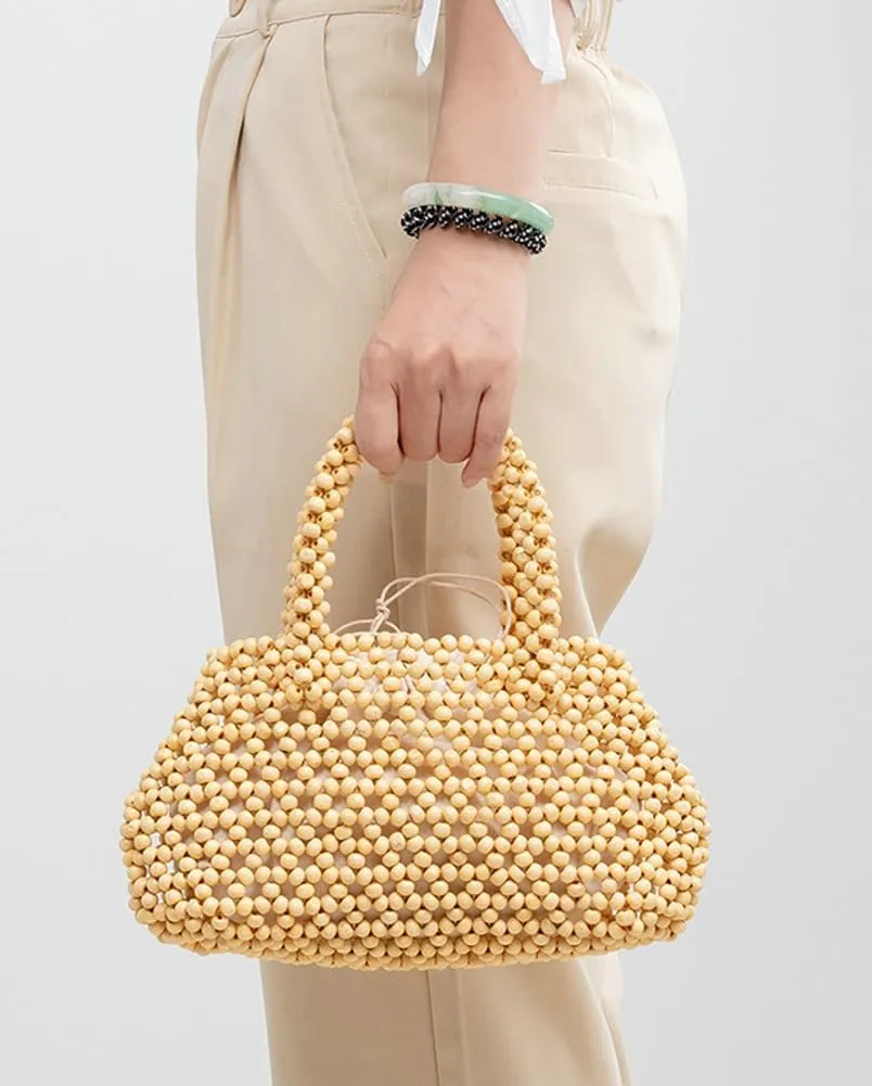 Womens Wooden Handbag Handmade Woven Bead Tote Bag Small Hollow Summer Beach Casual Bucket Purse for Vacation