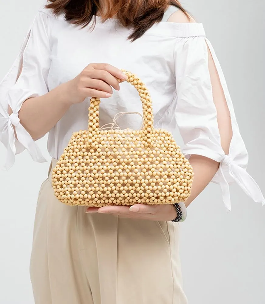Womens Wooden Handbag Handmade Woven Bead Tote Bag Small Hollow Summer Beach Casual Bucket Purse for Vacation
