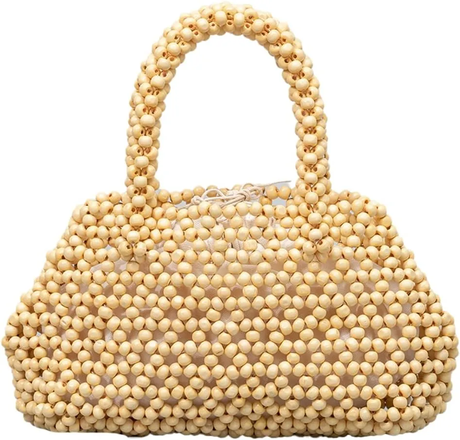 Womens Wooden Handbag Handmade Woven Bead Tote Bag Small Hollow Summer Beach Casual Bucket Purse for Vacation