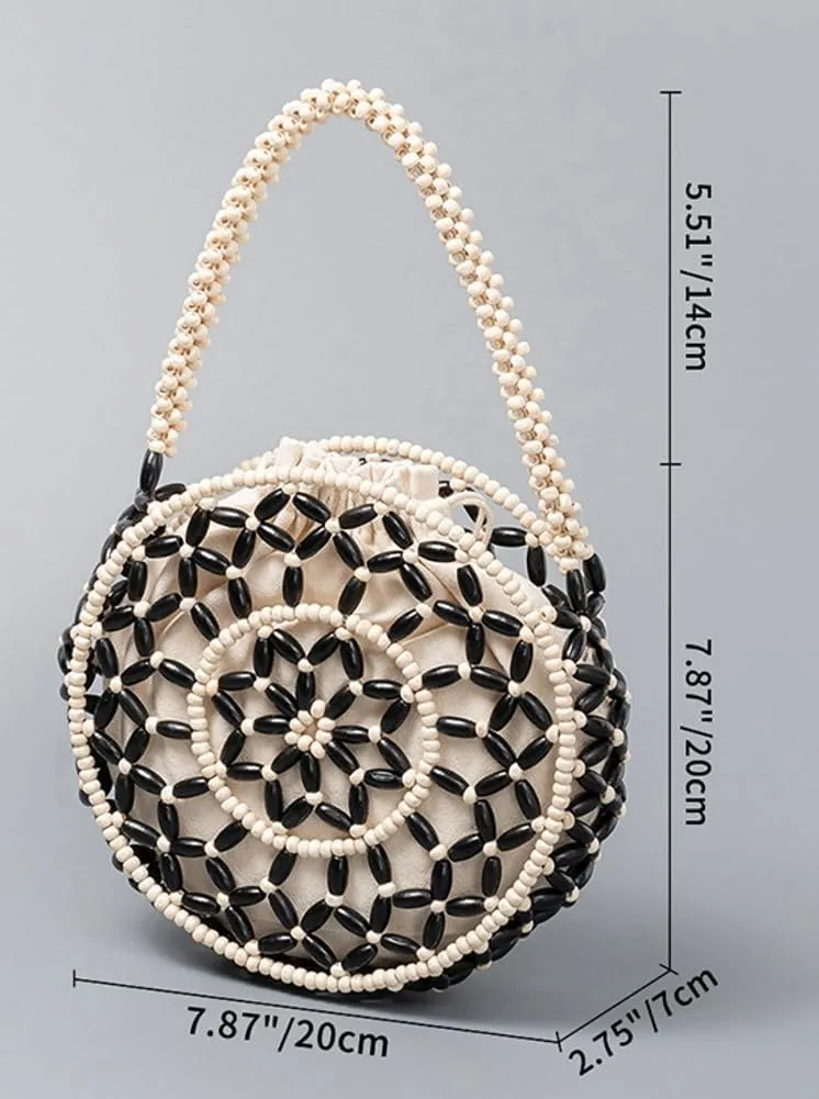 Womens Wooden Handbag Handmade Woven Bead Tote Bag Small Hollow Summer Beach Casual Bucket Purse for Vacation