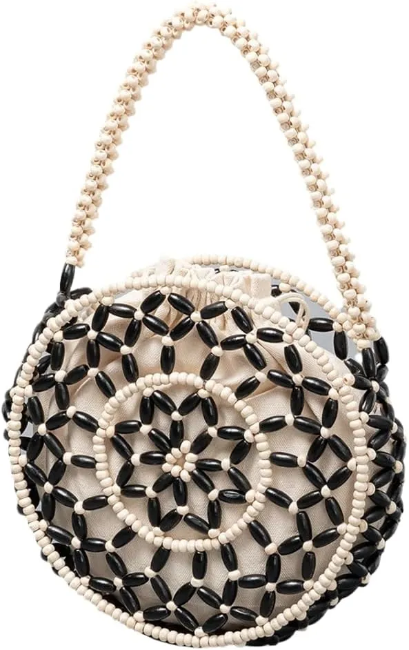 Womens Wooden Handbag Handmade Woven Bead Tote Bag Small Hollow Summer Beach Casual Bucket Purse for Vacation