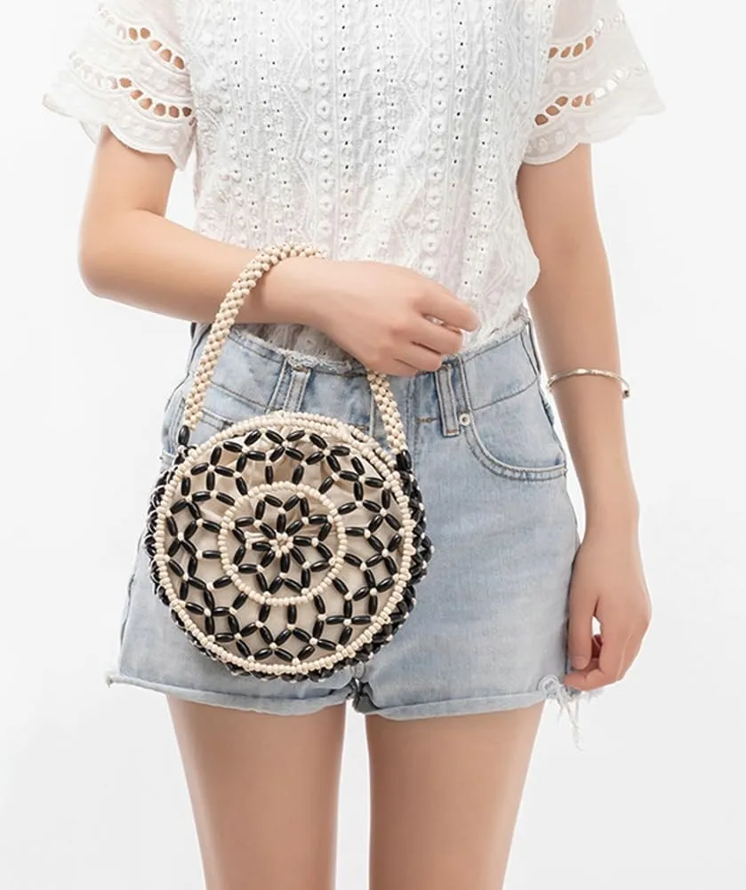 Womens Wooden Handbag Handmade Woven Bead Tote Bag Small Hollow Summer Beach Casual Bucket Purse for Vacation