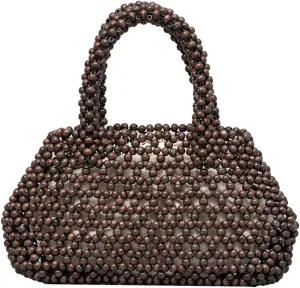 Womens Wooden Handbag Handmade Woven Bead Tote Bag Small Hollow Summer Beach Casual Bucket Purse for Vacation