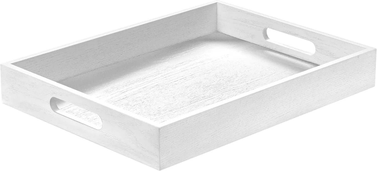 Wood Serving Tray with Handles, Home Decorative Wooden Rectangle Ottoman Decor Platter Vanity Tray for Breakfast Dinner Drinks Kitchen Dining Living Bathroom Restaurants White