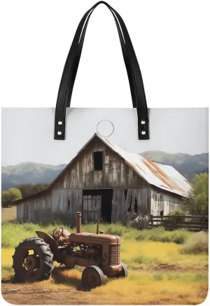 Wooden Barn Rusted Tractor Handbag Leather Tote Shoulder Bag Satchel Handbag with Top Handles Large Casual Handbags with Shoulder Work Bag for Women Travel Purse Dating Gift