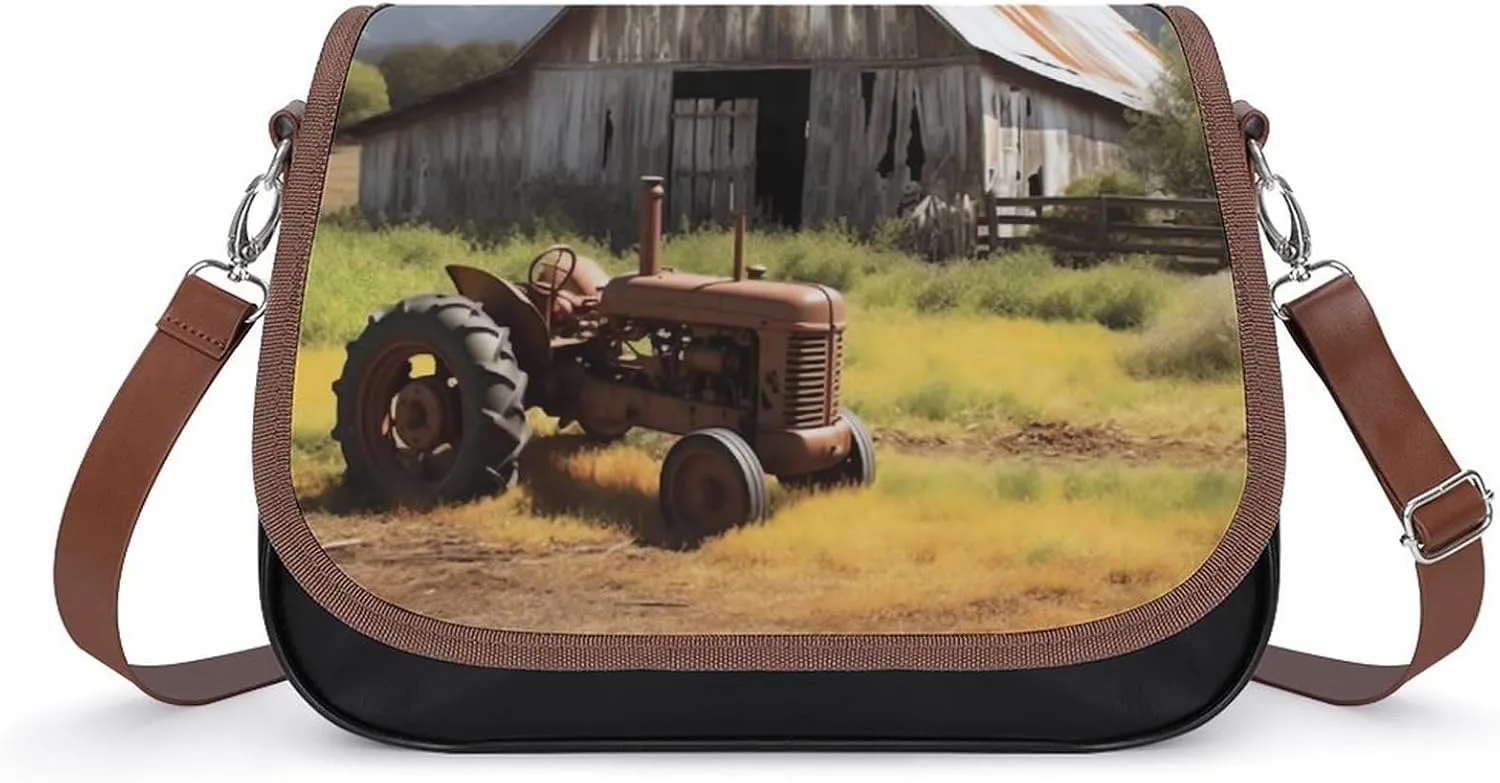 Wooden Barn Rusted Tractor Shoulder Bags PU Leather Shoulder Handbag Large Capacity Crossbody Bag for Women