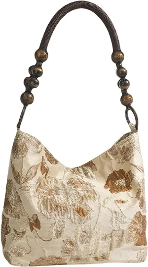 Wooden Bead Woven Chain Strap Shoulder Bucket Purse for Women Retro Jacquard Shopping Work Bag