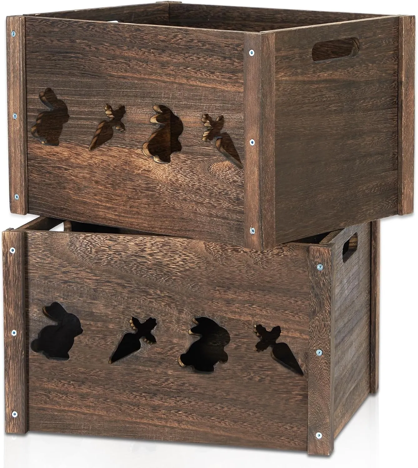 Wooden Crates 2 Pack, Hollow Wooden Crates for Display, Farmhouse Handmade Wood Crate with Handles, Rustic Durable Wooden Crates for Storage, Large Decorative Wooden Crate Box for Display
